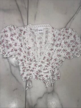 Style & Co. White Floral Lace-Trim Cropped Blouse with Pink Roses